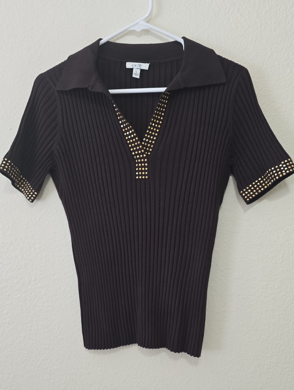 Cache Black Ribbed Short-Sleeve Polo Top with Gold Stud Trim